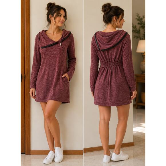 Neesha Dresses & Skirts - Neesha Heathered Burgundy Cowl Neck Zip Dress Medium